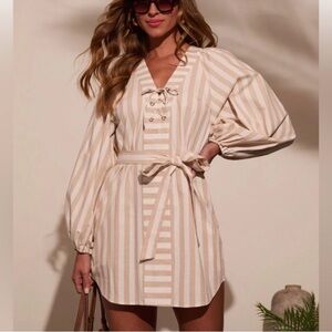 Vici Cream and White Striped Midi Dress